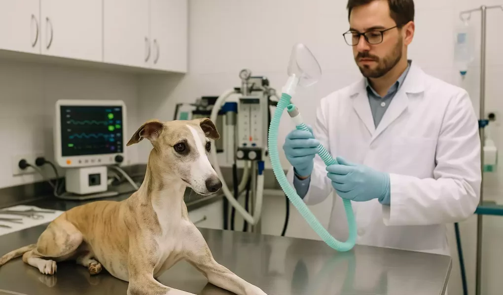 Whippet chez le vétérinaire, préparé pour une anesthésie avec masque d’inhalation.