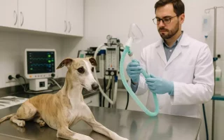 Whippet chez le vétérinaire, préparé pour une anesthésie avec masque d’inhalation.
