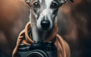 Astuces pour photographier votre Whippet : le portrait d'un Whippet avec un appareil photo devant lui.