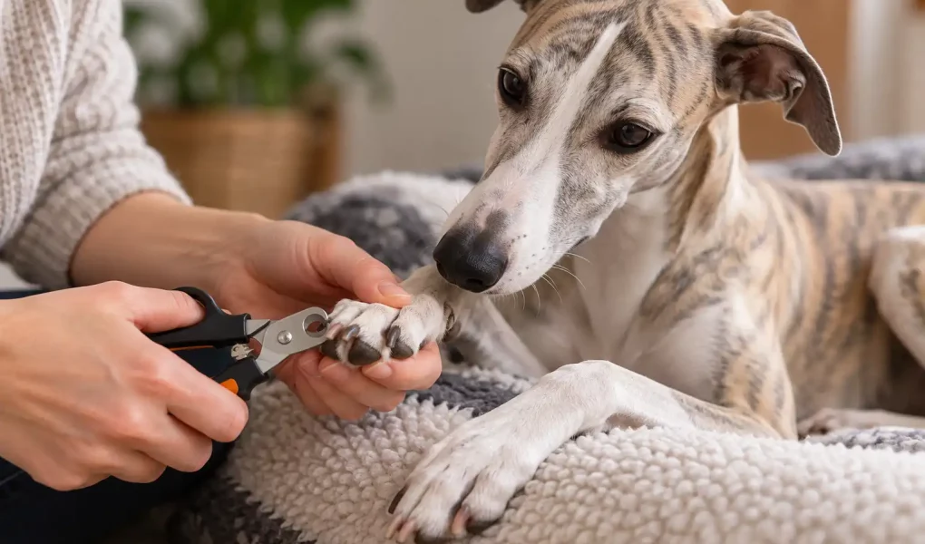 Bien couper les ongles de son Whippet : Un Whippet bringé à qui on coupe les griffes. Il est dans son panier et regarde la manipulation de sa patte.