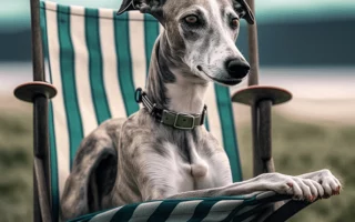 Bien couper les ongles de son Whippet : Un Whippet bringé assis sagement dans une chaise en bois et tissu rayé vert et blanc, ses pattes avant bien présentées.