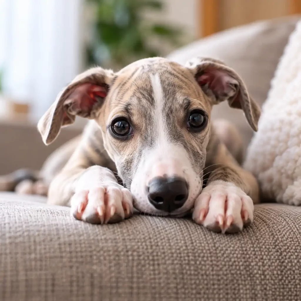 Bien couper les ongles de son Whippet : un jeune Whippet allongé, ses grands yeux implorants fixant l'objectif. On peut voir ses petites pattes délicates, ce qui rappelle l'importance de bien couper les ongles de son Whippet pour assurer son confort et sa santé. Des ongles bien entretenus sont cruciaux pour éviter les problèmes de posture ou de marche, et cet adorable chiot semble prêt pour son prochain toilettage.
