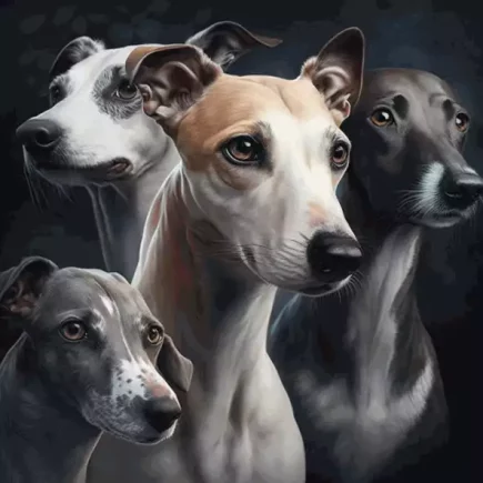 Bien socialiser son Whippet: portrait de 4 whippets. Fond noir.