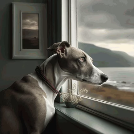 Gérer l'angoisse de la séparation chez le Whippet : un whippet regardant par la fenêtre, l'air inquiet.