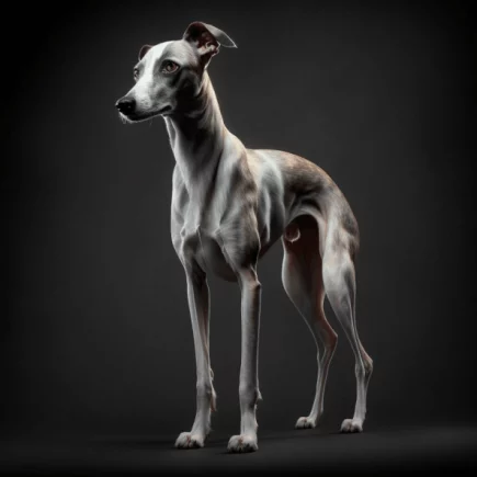 La confirmation du Whippet : Un whippet debout en attente de confirmation.