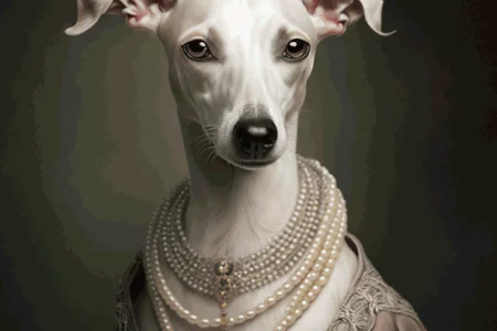 La petite histoire du Whippet: un portrait de Whippet blanc portant des colliers de perles.