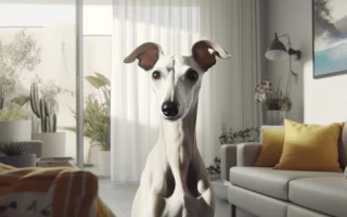 Le Whippet est-il un bon chien d'appartement ? Un Whippet blanc attentif, probablement assis sur un canapé en cuit clair, dans un appartement clair et lumineux.