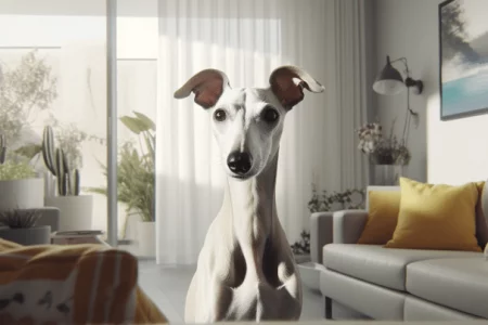 Le Whippet est-il un bon chien d'appartement ? Un Whippet blanc attentif, probablement assis sur un canapé en cuit clair, dans un appartement clair et lumineux.