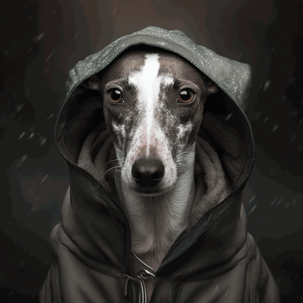 Le bon manteau imperméable pour mon Whippet : Un whippet protégé de la pluie par un bon imperméable vert.