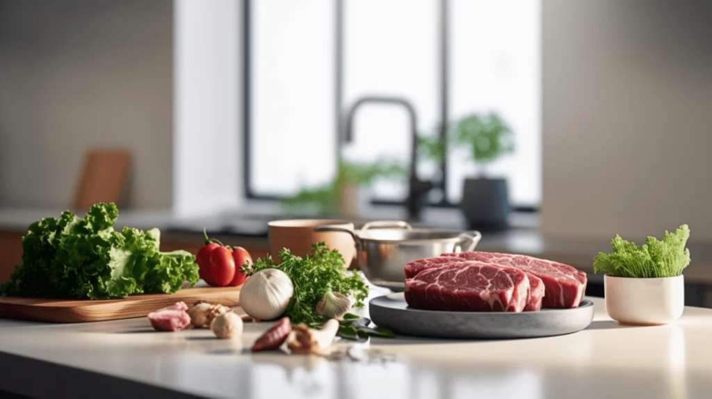 Divers ingrédients frais posés sur un plan de travail de cuisine, qui pourraient être considérés dans le cadre du régime alimentaire du Whippet pour une alimentation maison équilibrée. On y voit un morceau de viande rouge crue sur une assiette, accompagné de légumes verts comme de la laitue et du persil, de l'ail, des tomates, et d'autres herbes, suggérant une préparation culinaire saine. Ces aliments doivent être adaptés aux besoins nutritionnels spécifiques des chiens si l'on envisage de les intégrer à leur régime.