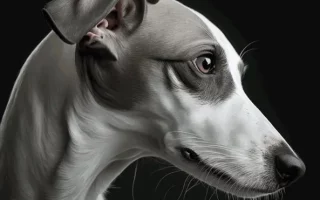 Les bienfaits de posséder un Whippet : le portrait d'un magnifique Whippet gris et blanc de profil sur fond noir.