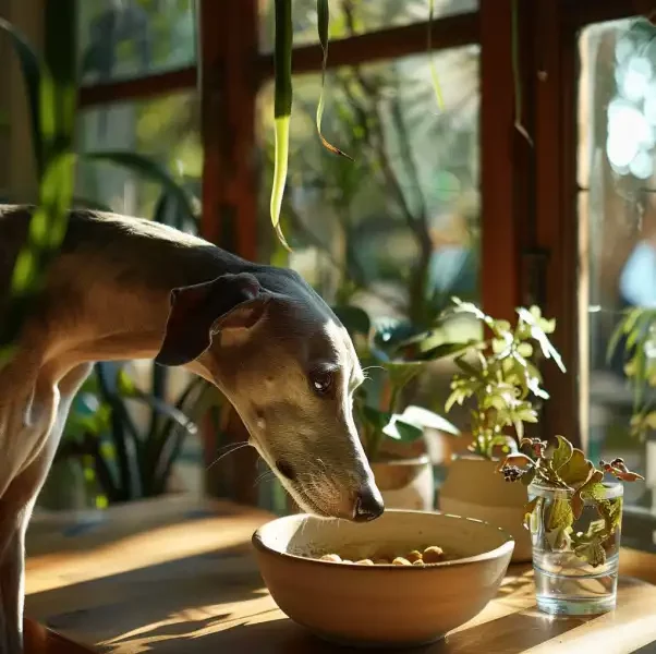 Les Croquettes chez le Whippet : un Whippet en train de manger des croquettes dans un bol posé sur une table. La scène, baignée de lumière naturelle, est entourée de plantes d'intérieur, créant une atmosphère paisible.