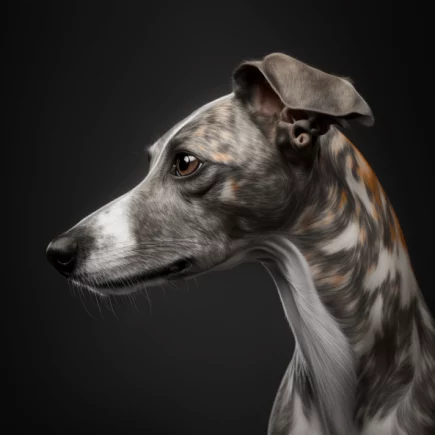 Les soins de base du Whippet: un magnifique portrait de Whippet bringé fauve et blanc.