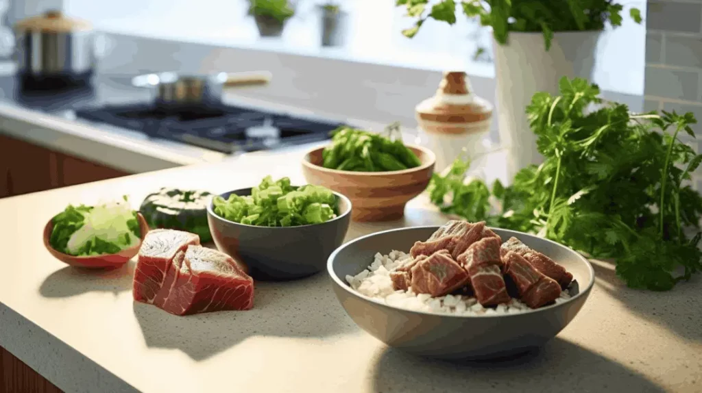 La ration ménagère journalière chez le Whippet : Une assiette creuse pleine de riz et de cubes de viande posée sur un comptoir de cuisine entourée d'autres légumes verts et de viande crue.