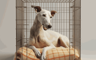 Cage-ou-pas-cage-pour-mon-Whippet : un Whippet blanc couché dans une cage ouverte regarde, intéressé, vers l'extérieur.