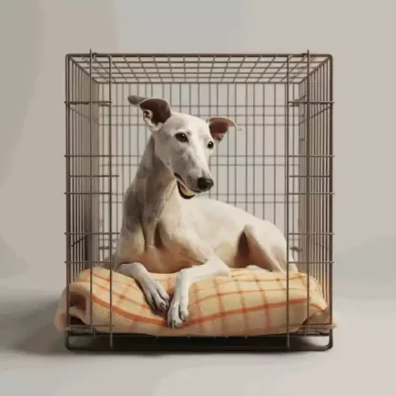 Cage-ou-pas-cage-pour-mon-Whippet : un Whippet blanc couché dans une cage ouverte regarde, intéressé, vers l'extérieur.