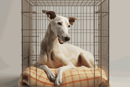 Cage-ou-pas-cage-pour-mon-Whippet : un Whippet blanc couché dans une cage ouverte regarde, intéressé, vers l'extérieur.