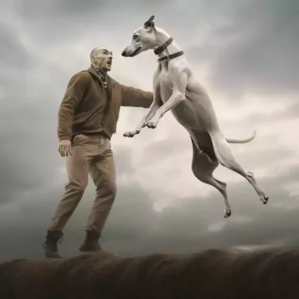 Comment empêcher mon Whippet de sauter sur moi ou sur les gens ? Un Whippet blanc en train de sauter juste devant son maitre tout surpris. Scène en extérieur. Météo grise.