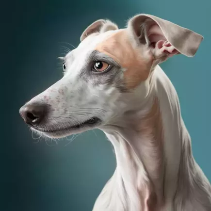 L'adolescence du Whippet : portrait de profil d'un Whippet ado fauve et blanc sur un dégradé bleu.