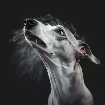 Le reverse sneezing chez le Whippet : Gros plan sur un Whippet qui a la truffe en l'air et semble avoir du mal à respirer.