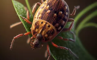 Les tiques sur les Whippets : gros plan d'une tique marron sur une feuille.