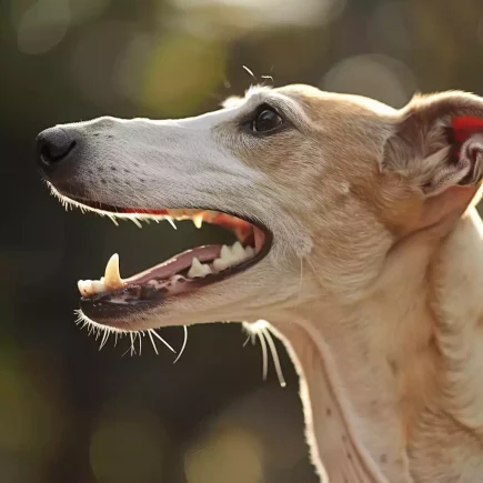 K'haleine de mon Whippet sent le poisson : Un Whippet fauve de profil, gueule ouverte, en extérieur.