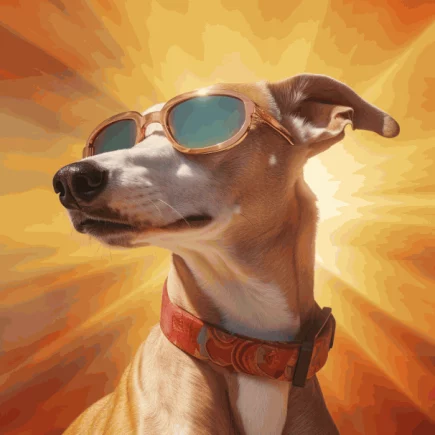 Les dangers de l'été pour votre Whippet : portrait d'un whippet portant des lunettes de soleil ainsi qu'un collier rouge. En arrière-plan, un soleil intense dont les rayons encerclent la tête du Whippet.