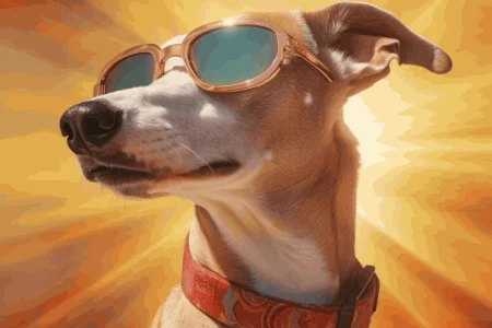 Les dangers de l'été pour votre Whippet : portrait d'un whippet portant des lunettes de soleil ainsi qu'un collier rouge. En arrière-plan, un soleil intense dont les rayons encerclent la tête du Whippet.