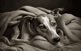 Le Whippet sénior : un vieux Whippet allongé sous des couvertures.