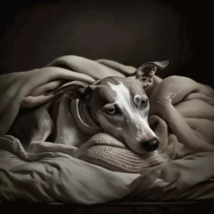 Le Whippet sénior : un vieux Whippet allongé sous des couvertures.