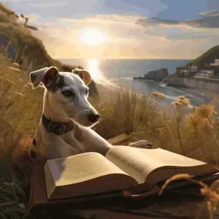 Les 3 livres qui ont changé ma vie: un Whippet allongé dans l'herbe devant un livre ouvert. En arrière-plan, un paysage côtier et le début d'un coucher de soleil.