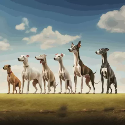A la découverte des origines du Whippet : différents chiens alignés côte à côte montrant l'évolution génétique du Whippet.