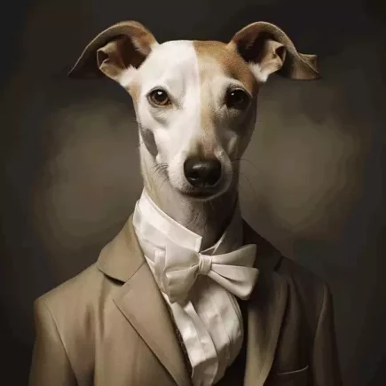 L'anthropomorphisme et ses conséquences sur le Whippet : le portrait d'un Whippet fauve et blanc vêtu d'un costume beige, d'une chemise et d'un nœud papillon blancs.