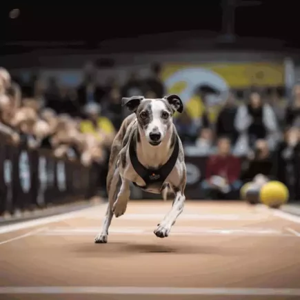Whippet et flyball : un Whippet bringé et blanc en pleine course lors d'une compétition de flyball indoor.