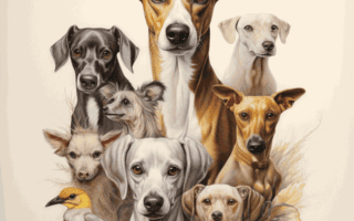 Whippet compatibilité : le TOP 10 ! Portrait arrondi réaliste d'un groupe de chiens, rendu détaillé, avec un oiseau et des fleurs, blanc et ambre, palette de couleurs diversifiée