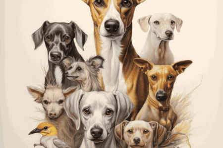 Whippet compatibilité : le TOP 10 ! Portrait arrondi réaliste d'un groupe de chiens, rendu détaillé, avec un oiseau et des fleurs, blanc et ambre, palette de couleurs diversifiée