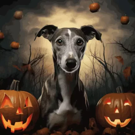 Whippets et Halloween : gros plan d'un Whippet bleu et blanc entouré de 2 citrouilles illuminées par des bougies aux visages effrayants. En arrière plan des silhouettes d'arbres morts, un ciel sombre mais lumineux derrière le Whippet. D'autres citrouilles tombent du ciel.