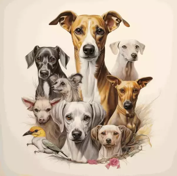 Whippet compatibilité : le TOP 10 ! Portrait arrondi réaliste d'un groupe de chiens, rendu détaillé, avec un oiseau et des fleurs, blanc et ambre, palette de couleurs diversifiée.