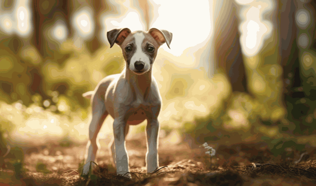 Combien de temps de balade pour un chiot Whippet ? Un jeune chiot Whippet blanc avec des taches brunes, debout dans une forêt. La lumière du soleil est tamisée à travers les arbres. On a l'impression d'une pause pendant une balade.