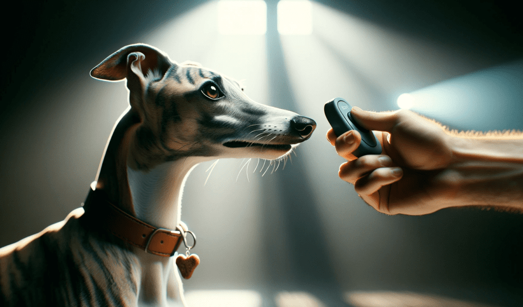 Clicker training et Whippets : un Whippet, concentré sur un clicker tenu par une main humaine. La scène est éclairée par une lumière naturelle qui crée des faisceaux à travers l'espace intérieur, mettant en avant l'échange entre le chien et le clicker.