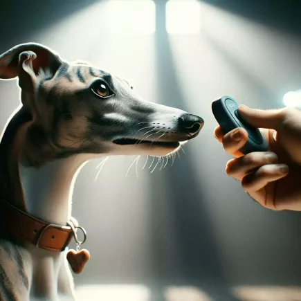 Clicker training et Whippets : un Whippet, concentré sur un clicker tenu par une main humaine. La scène est éclairée par une lumière naturelle qui crée des faisceaux à travers l'espace intérieur, mettant en avant l'échange entre le chien et le clicker.