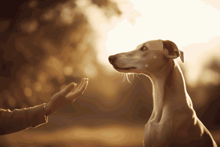 Whippets et éducation positive : Un whippet attentif regarde vers une main humaine tendue dans un geste amical, baignés tous deux dans une lumière chaleureuse, illustrant l'harmonie et la confiance caractéristiques de l'éducation positive des chiens.