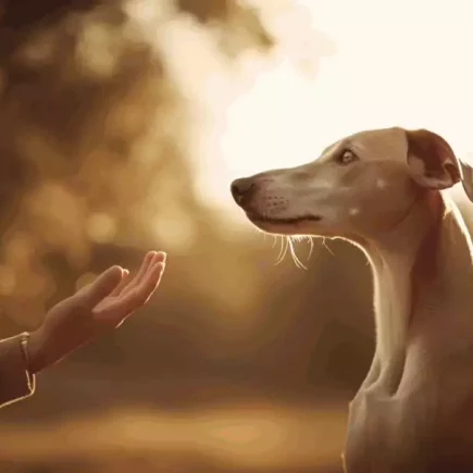 Whippets et éducation positive : Un whippet attentif regarde vers une main humaine tendue dans un geste amical, baignés tous deux dans une lumière chaleureuse, illustrant l'harmonie et la confiance caractéristiques de l'éducation positive des chiens.