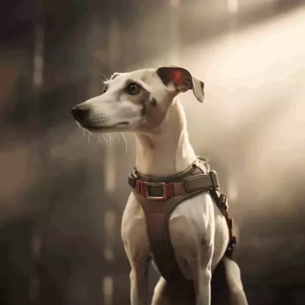 Harnais ou collier à martingale pour mon Whippet ? Un Whippet portant un harnais de cuir gris baigné d'une lumière naturelle. L'arrière plan est flou.