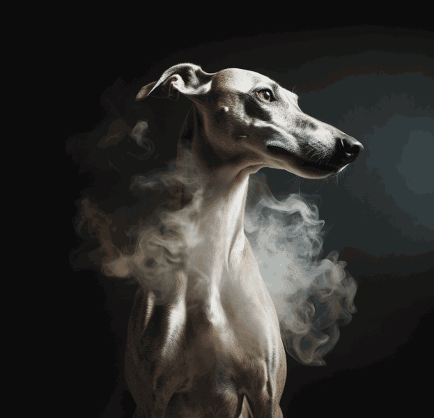 Mon Whippet a des gaz : un Whippet clair assis, fond sombre, de la fumée voletant autour de lui.