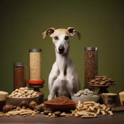 Nutrition Optimale pour mon Whippet : Un Whippet blanc et fauve assis au milieu de bocaux, da saladiers, de bols et de plateaux, remplis de différentes nourritures. Arrière plan vert olive.