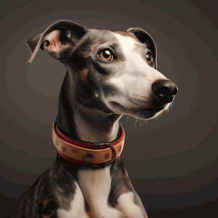 Le collier idéal pour votre Whippet : un Whippet portant un collier en cuir orné. Le collier semble être ajusté parfaitement à son cou fin et musclé, et comporte des décorations élaborées, possiblement des motifs floraux ou un design classique, ce qui lui donne un aspect à la fois esthétique et idéal pour cette race de chien.
