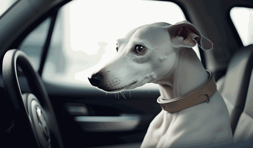 Mon Whippet est malade en voiture : un Whippet de couleur blanche avec un collier beige, assis à la place du conducteur dans une voiture. Le chien semble regarder attentivement quelque chose à l'extérieur de la voiture, avec une expression alerte et inquiète. La lumière naturelle éclaire le côté du chien, mettant en évidence les détails de son pelage et de ses traits. L'intérieur de la voiture semble moderne avec un tableau de bord et des commandes élégants.