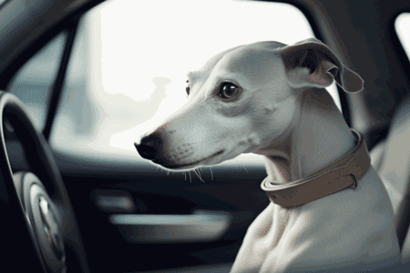 Mon Whippet est malade en voiture : un Whippet de couleur blanche avec un collier beige, assis à la place du conducteur dans une voiture. Le chien semble regarder attentivement quelque chose à l'extérieur de la voiture, avec une expression alerte et inquiète. La lumière naturelle éclaire le côté du chien, mettant en évidence les détails de son pelage et de ses traits. L'intérieur de la voiture semble moderne avec un tableau de bord et des commandes élégants.