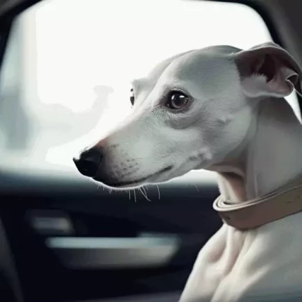 Malade en voiture : un Whippet de couleur blanche avec un collier beige, assis à la place du conducteur dans une voiture. Le chien semble regarder attentivement quelque chose à l'extérieur de la voiture, avec une expression alerte et inquiète. La lumière naturelle éclaire le côté du chien, mettant en évidence les détails de son pelage et de ses traits. L'intérieur de la voiture semble moderne avec un tableau de bord et des commandes élégants.